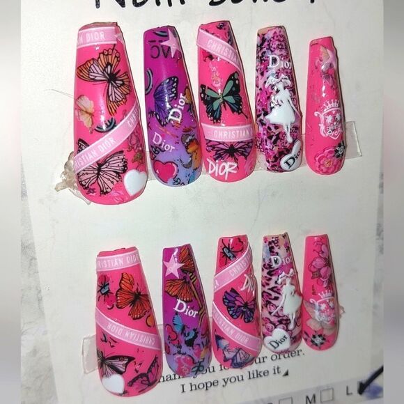 Hand crafted custom print 10pc short acrylic press on nails sz large - Picture 3 of 6
